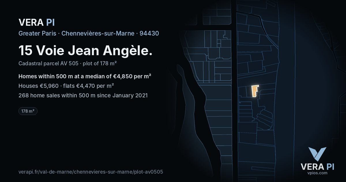 15 Voie Jean Angèle, Chennevières-sur-Marne at night – the plot lit, the parcels around coloured by the prices near them