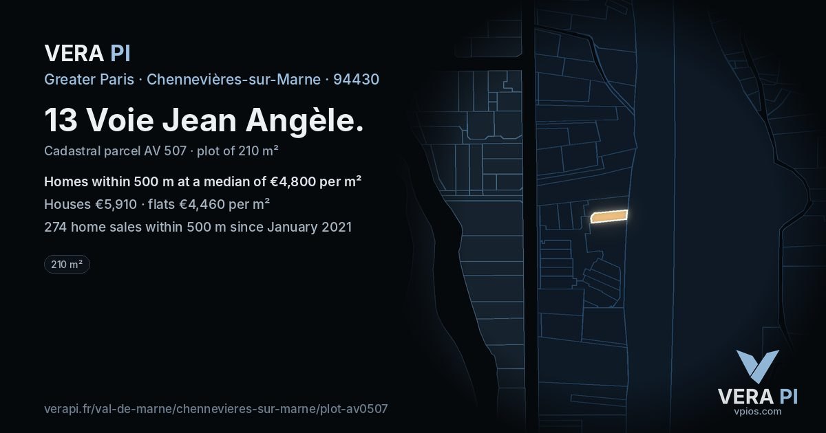 13 Voie Jean Angèle, Chennevières-sur-Marne at night – the plot lit, the parcels around coloured by the prices near them