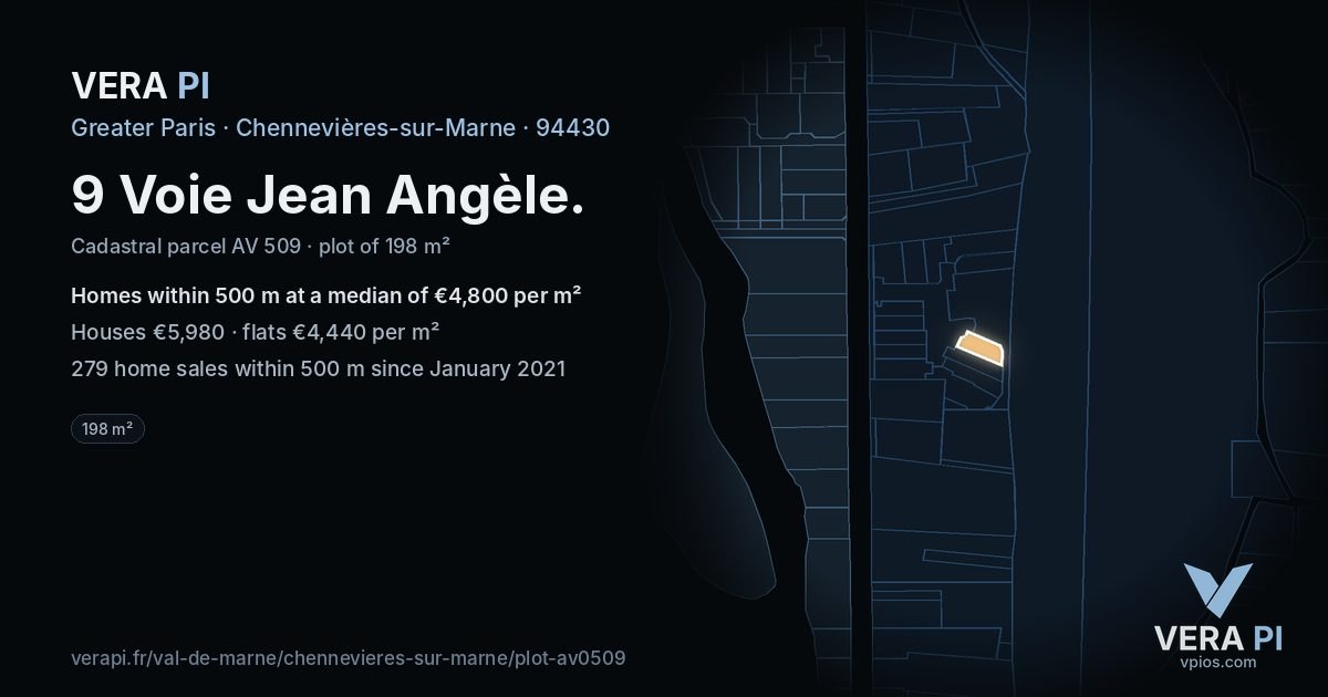9 Voie Jean Angèle, Chennevières-sur-Marne at night – the plot lit, the parcels around coloured by the prices near them