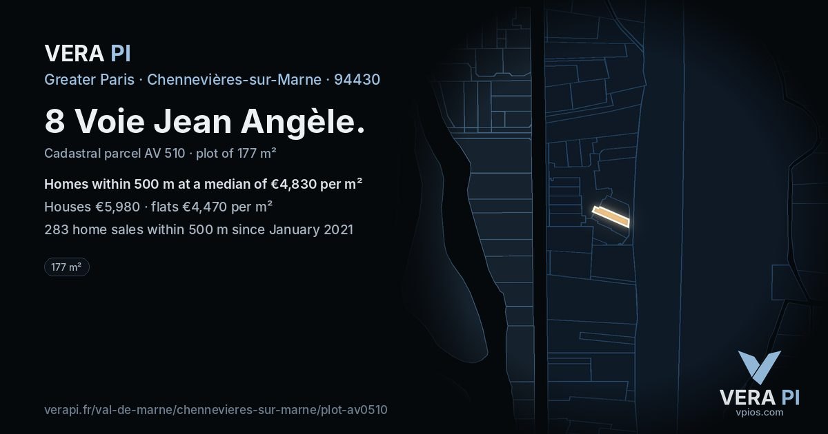 8 Voie Jean Angèle, Chennevières-sur-Marne at night – the plot lit, the parcels around coloured by the prices near them
