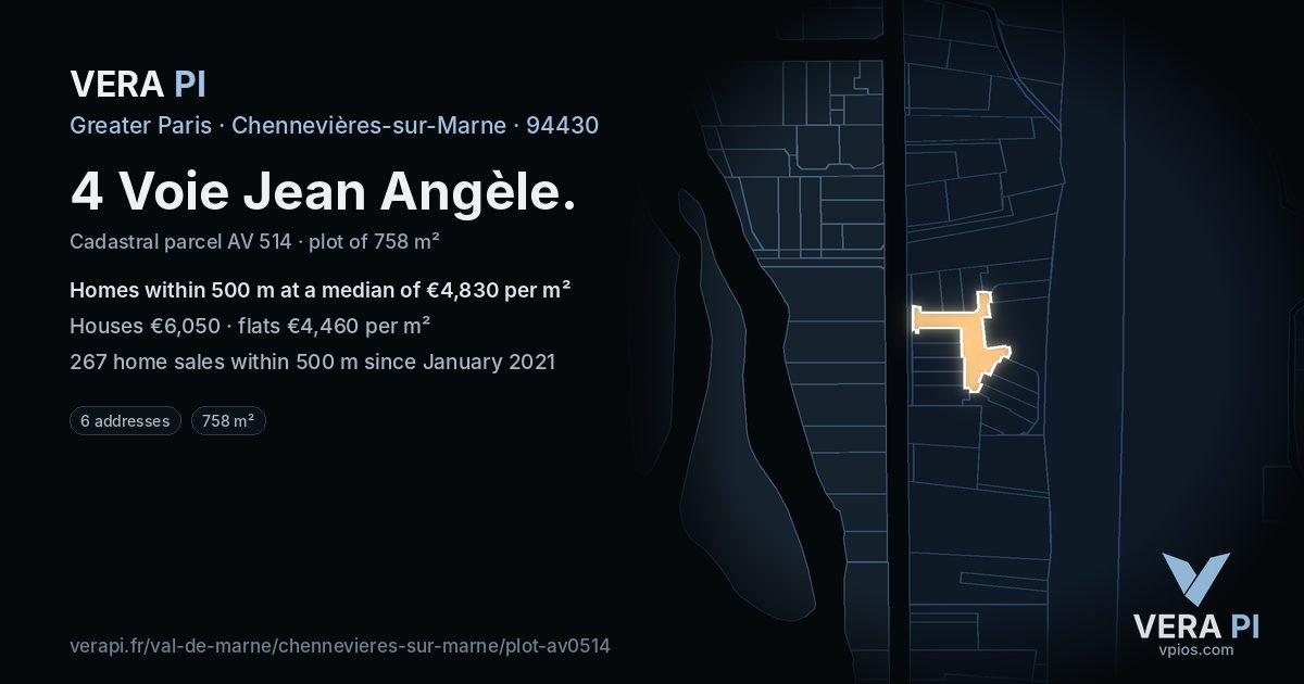 4 Voie Jean Angèle, Chennevières-sur-Marne at night – the plot lit, the parcels around coloured by the prices near them