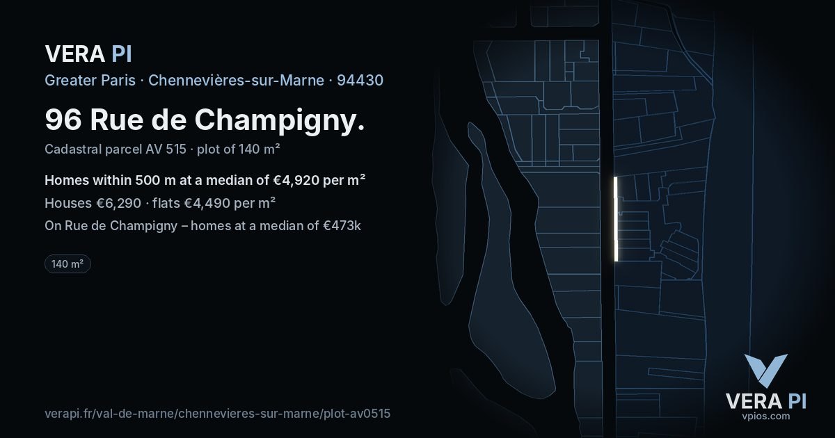96 Rue de Champigny, Chennevières-sur-Marne at night – the plot lit, the parcels around coloured by the prices near them