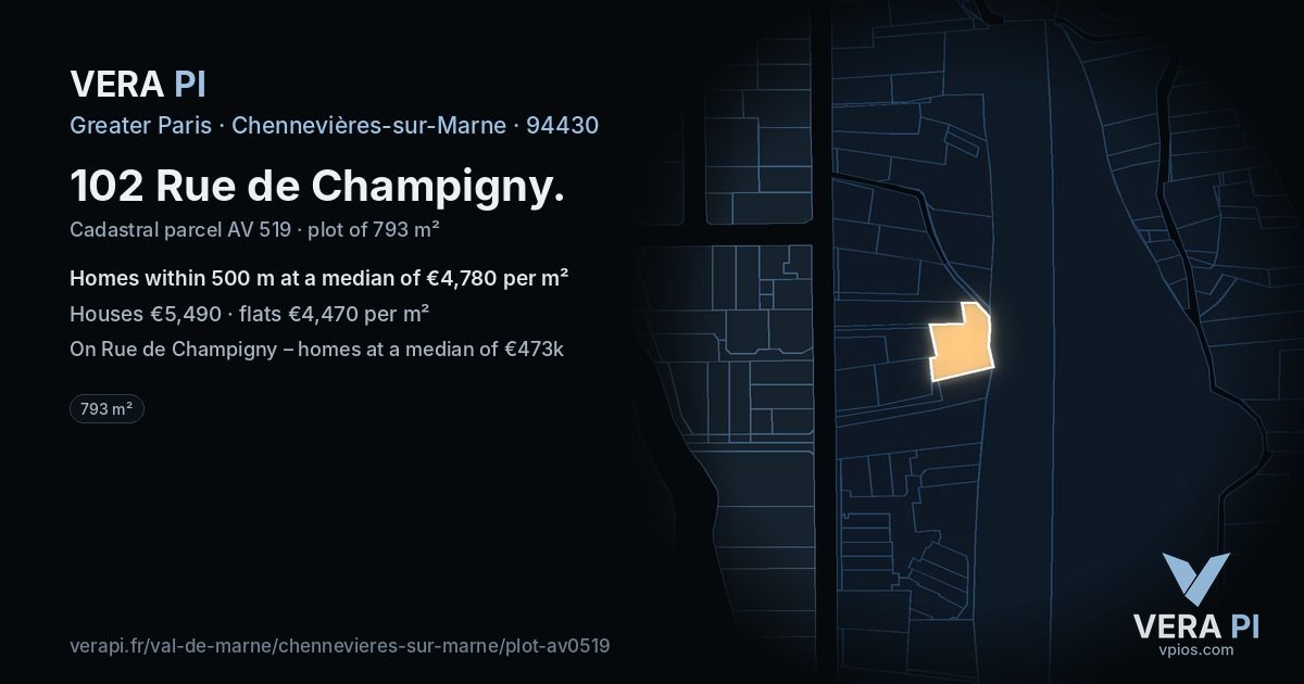 102 Rue de Champigny, Chennevières-sur-Marne at night – the plot lit, the parcels around coloured by the prices near them