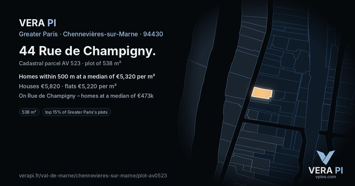 44 Rue de Champigny, Chennevières-sur-Marne at night – the plot lit, the parcels around coloured by the prices near them