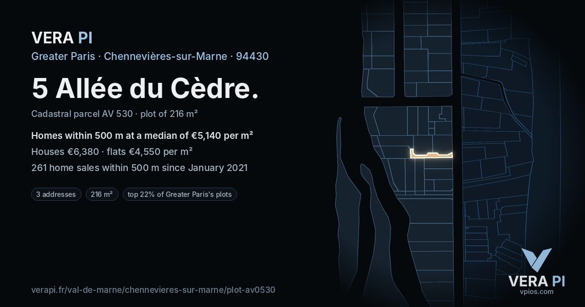 5 Allée du Cèdre, Chennevières-sur-Marne at night – the plot lit, the parcels around coloured by the prices near them