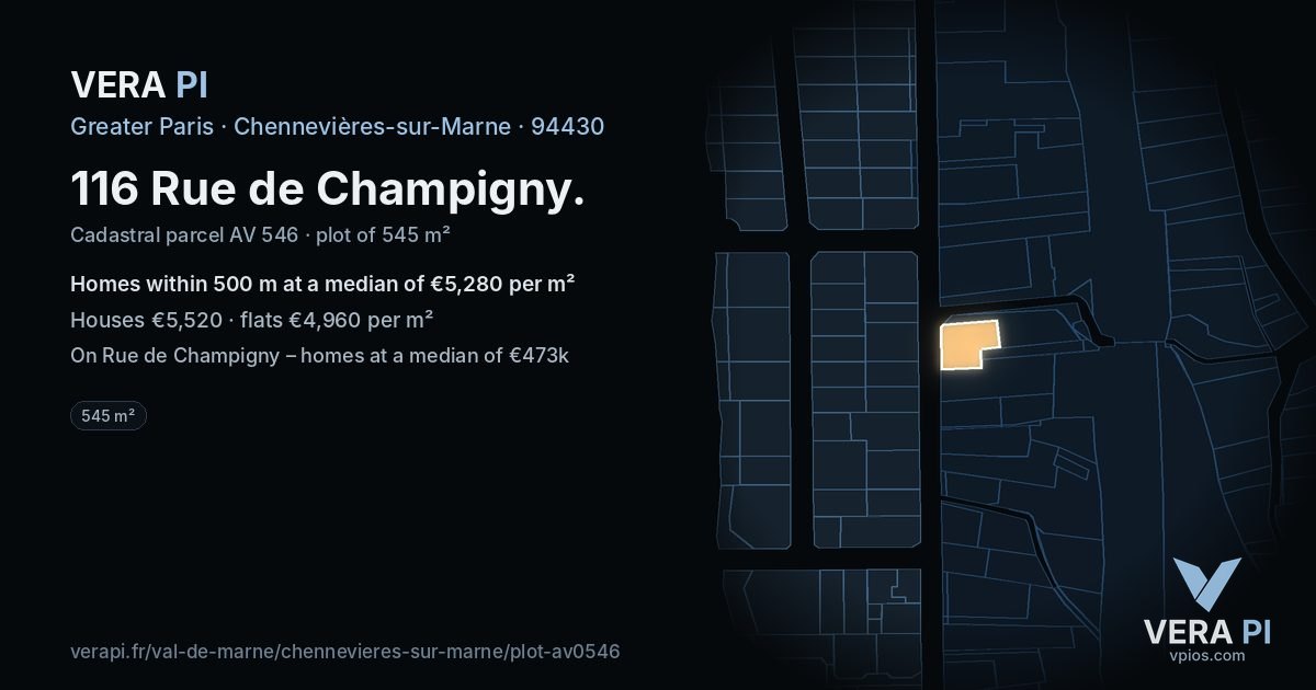 116 Rue de Champigny, Chennevières-sur-Marne at night – the plot lit, the parcels around coloured by the prices near them