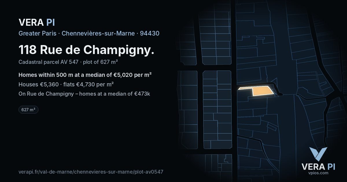 118 Rue de Champigny, Chennevières-sur-Marne at night – the plot lit, the parcels around coloured by the prices near them