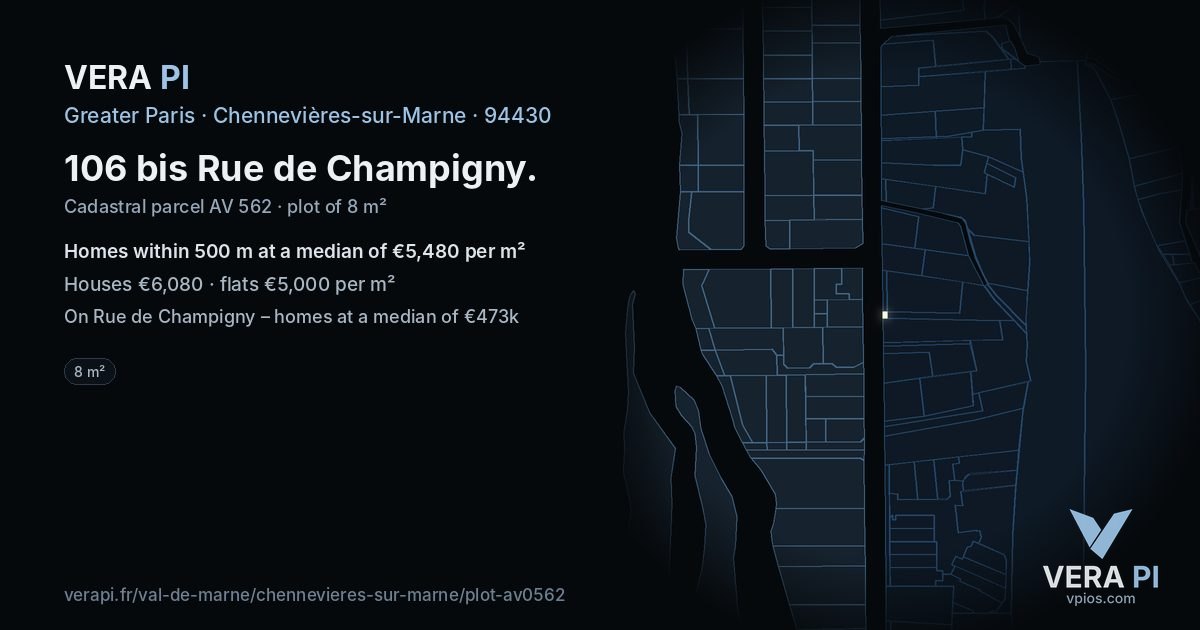 106 bis Rue de Champigny, Chennevières-sur-Marne at night – the plot lit, the parcels around coloured by the prices near them