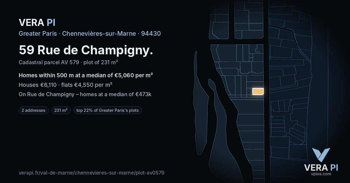 59 Rue de Champigny, Chennevières-sur-Marne at night – the plot lit, the parcels around coloured by the prices near them