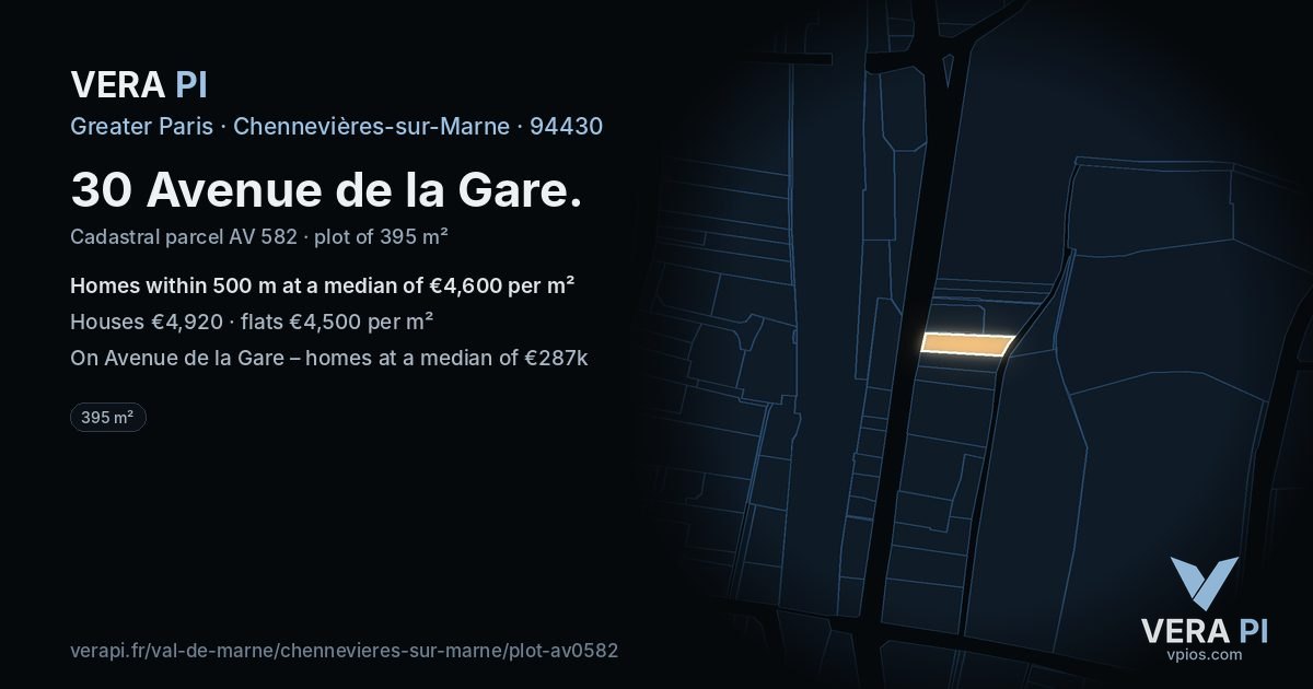 30 Avenue de la Gare, Chennevières-sur-Marne at night – the plot lit, the parcels around coloured by the prices near them