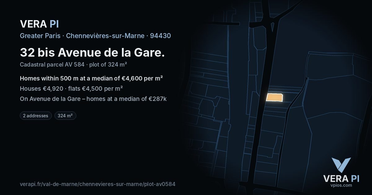 32 bis Avenue de la Gare, Chennevières-sur-Marne at night – the plot lit, the parcels around coloured by the prices near them
