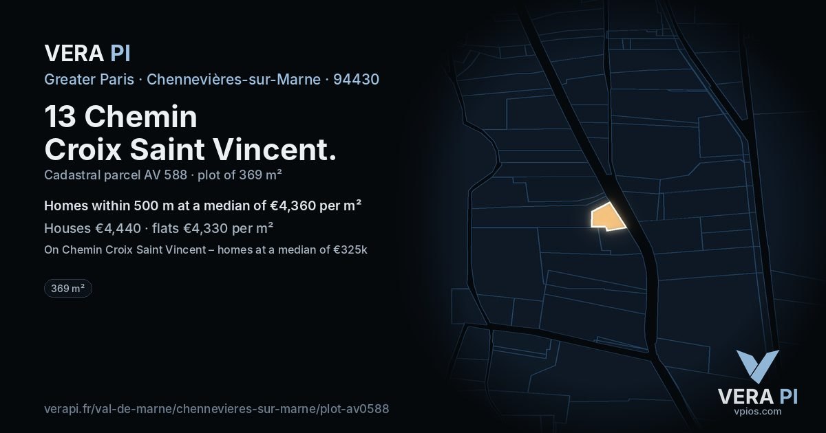 13 Chemin Croix Saint Vincent, Chennevières-sur-Marne at night – the plot lit, the parcels around coloured by the prices near them