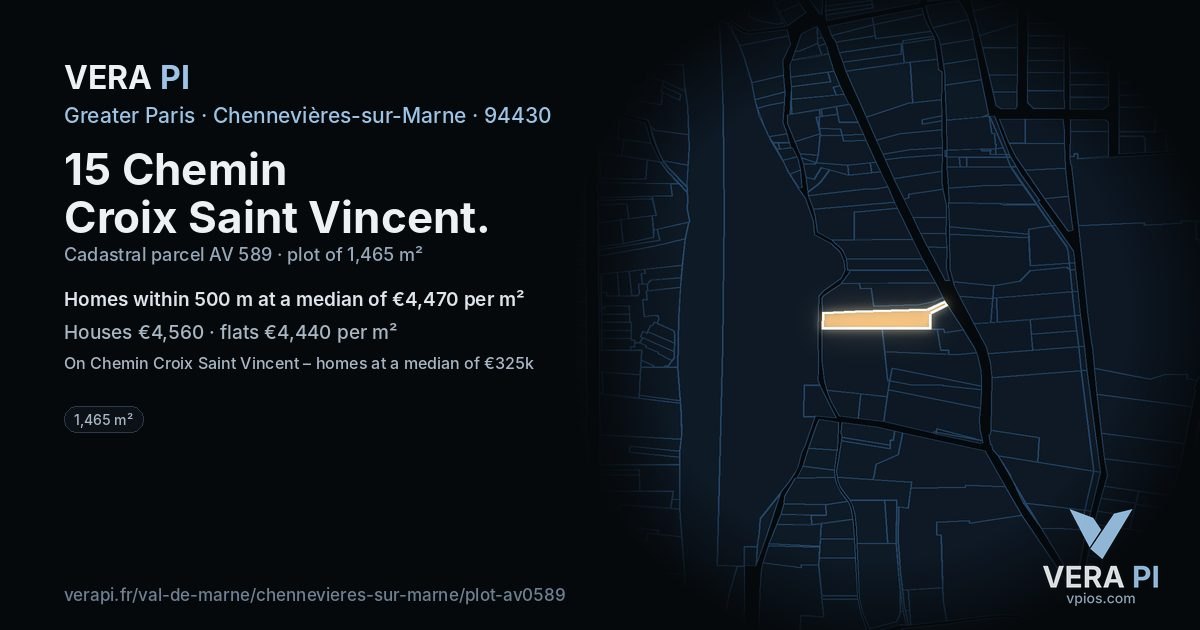 15 Chemin Croix Saint Vincent, Chennevières-sur-Marne at night – the plot lit, the parcels around coloured by the prices near them