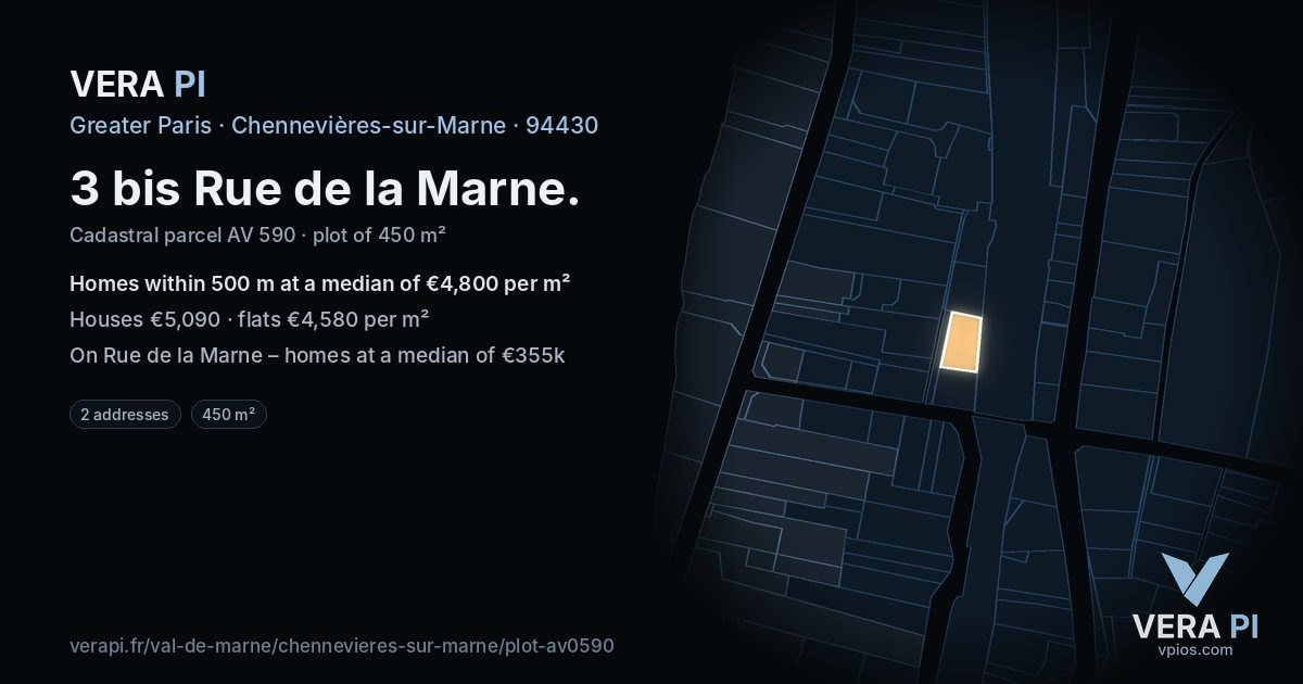 3 bis Rue de la Marne, Chennevières-sur-Marne at night – the plot lit, the parcels around coloured by the prices near them