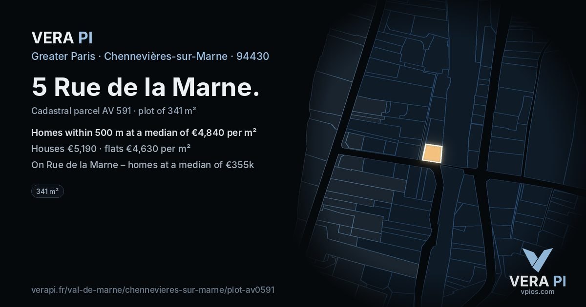 5 Rue de la Marne, Chennevières-sur-Marne at night – the plot lit, the parcels around coloured by the prices near them