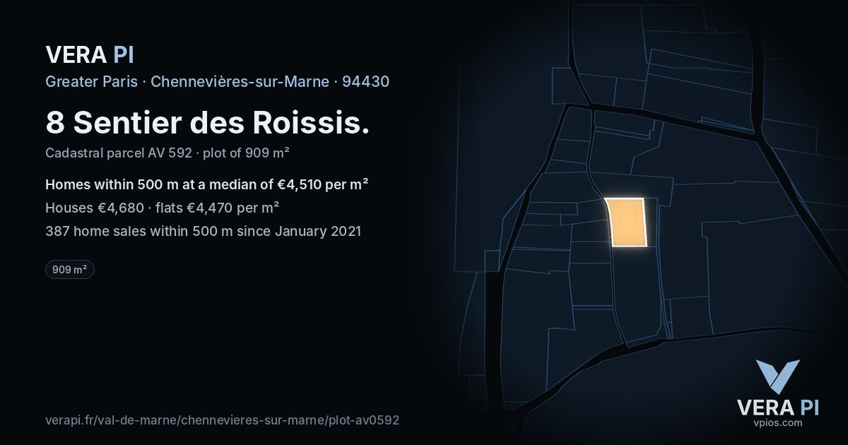 8 Sentier des Roissis, Chennevières-sur-Marne at night – the plot lit, the parcels around coloured by the prices near them