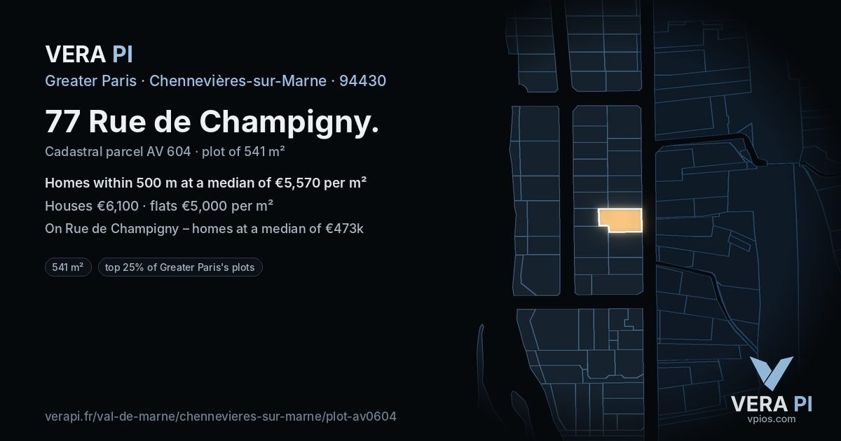 77 Rue de Champigny, Chennevières-sur-Marne at night – the plot lit, the parcels around coloured by the prices near them