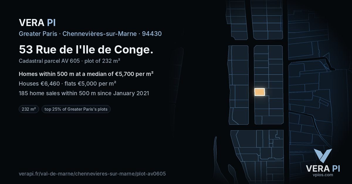 53 Rue de l'Ile de Conge, Chennevières-sur-Marne at night – the plot lit, the parcels around coloured by the prices near them