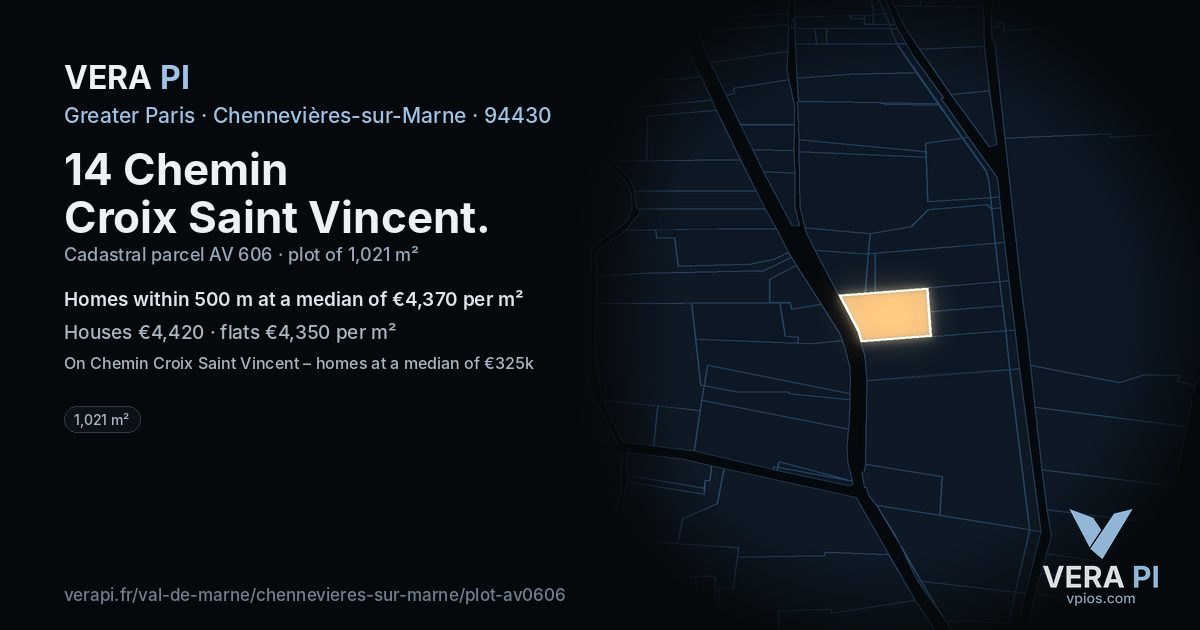 14 Chemin Croix Saint Vincent, Chennevières-sur-Marne at night – the plot lit, the parcels around coloured by the prices near them