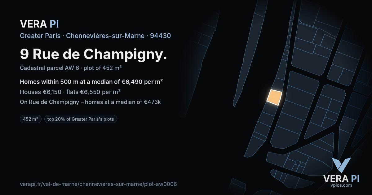 9 Rue de Champigny, Chennevières-sur-Marne at night – the plot lit, the parcels around coloured by the prices near them
