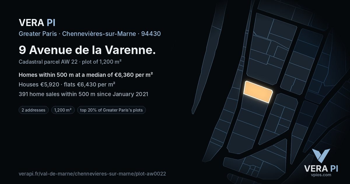 9 Avenue de la Varenne, Chennevières-sur-Marne at night – the plot lit, the parcels around coloured by the prices near them