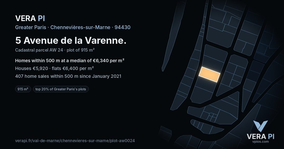 5 Avenue de la Varenne, Chennevières-sur-Marne at night – the plot lit, the parcels around coloured by the prices near them