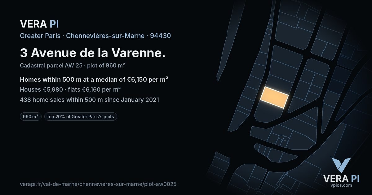 3 Avenue de la Varenne, Chennevières-sur-Marne at night – the plot lit, the parcels around coloured by the prices near them