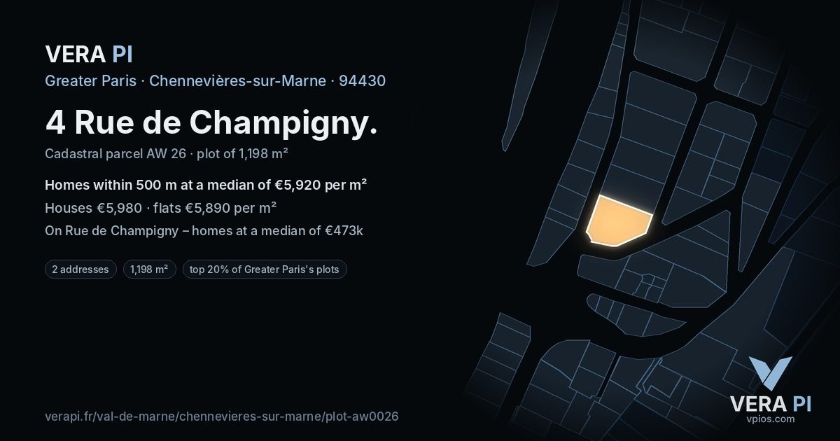 4 Rue de Champigny, Chennevières-sur-Marne at night – the plot lit, the parcels around coloured by the prices near them