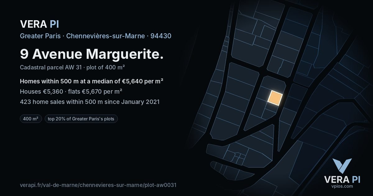 9 Avenue Marguerite, Chennevières-sur-Marne at night – the plot lit, the parcels around coloured by the prices near them
