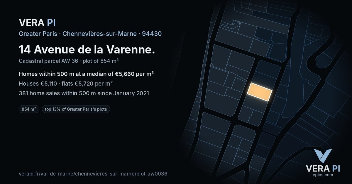 14 Avenue de la Varenne, Chennevières-sur-Marne at night – the plot lit, the parcels around coloured by the prices near them