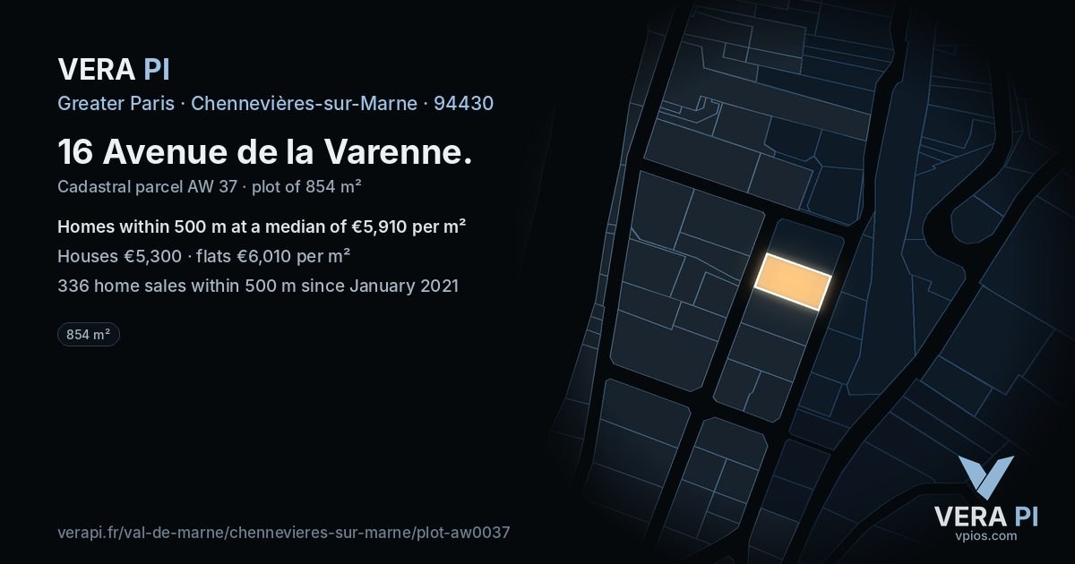16 Avenue de la Varenne, Chennevières-sur-Marne at night – the plot lit, the parcels around coloured by the prices near them