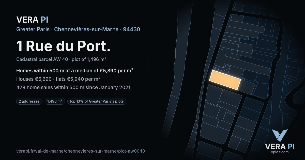 1 Rue du Port, Chennevières-sur-Marne at night – the plot lit, the parcels around coloured by the prices near them
