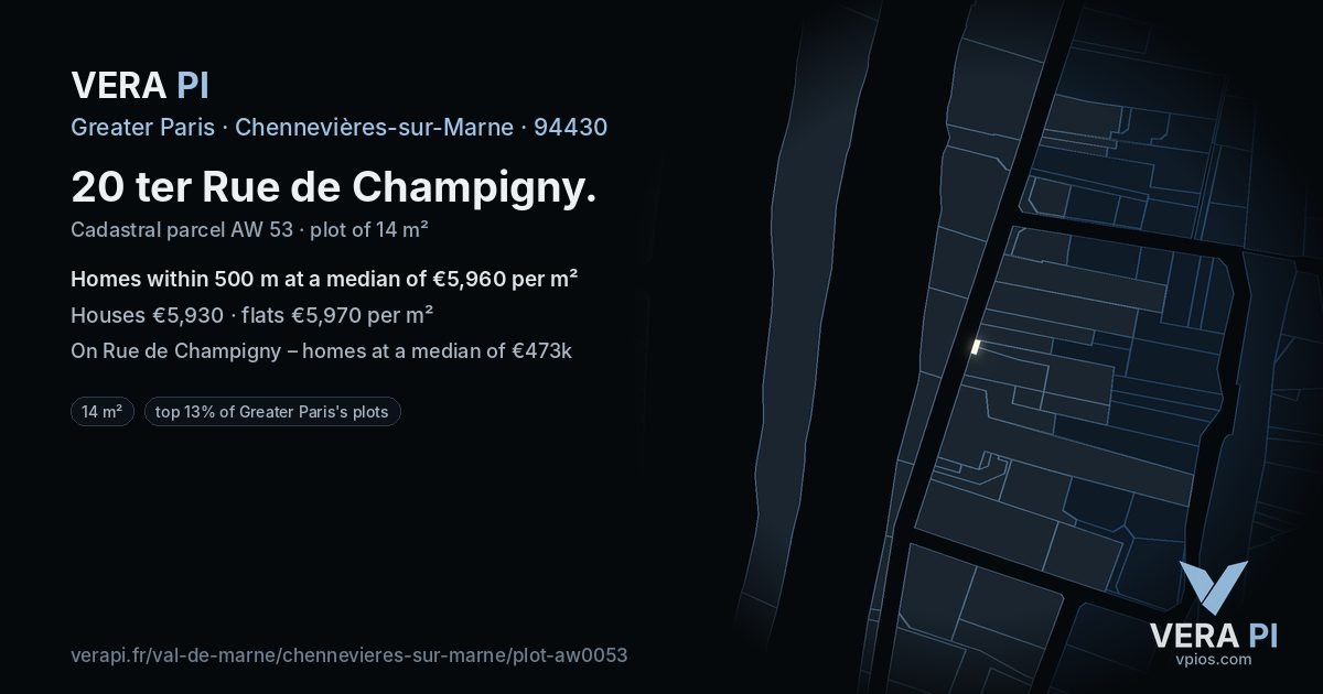 20 ter Rue de Champigny, Chennevières-sur-Marne at night – the plot lit, the parcels around coloured by the prices near them