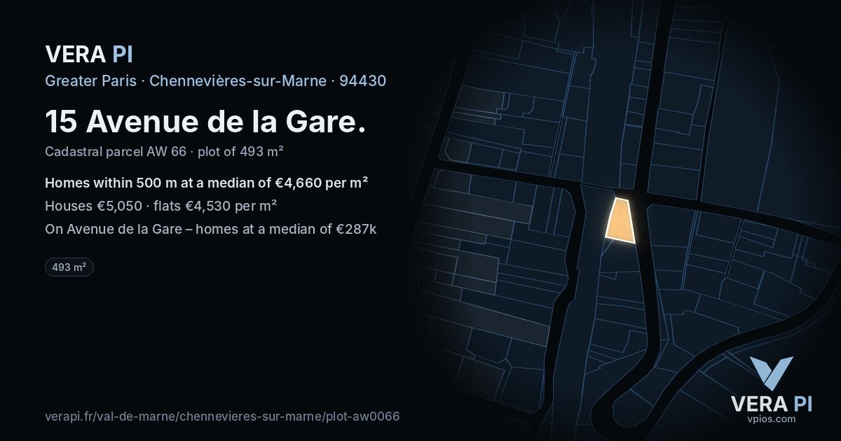 15 Avenue de la Gare, Chennevières-sur-Marne at night – the plot lit, the parcels around coloured by the prices near them