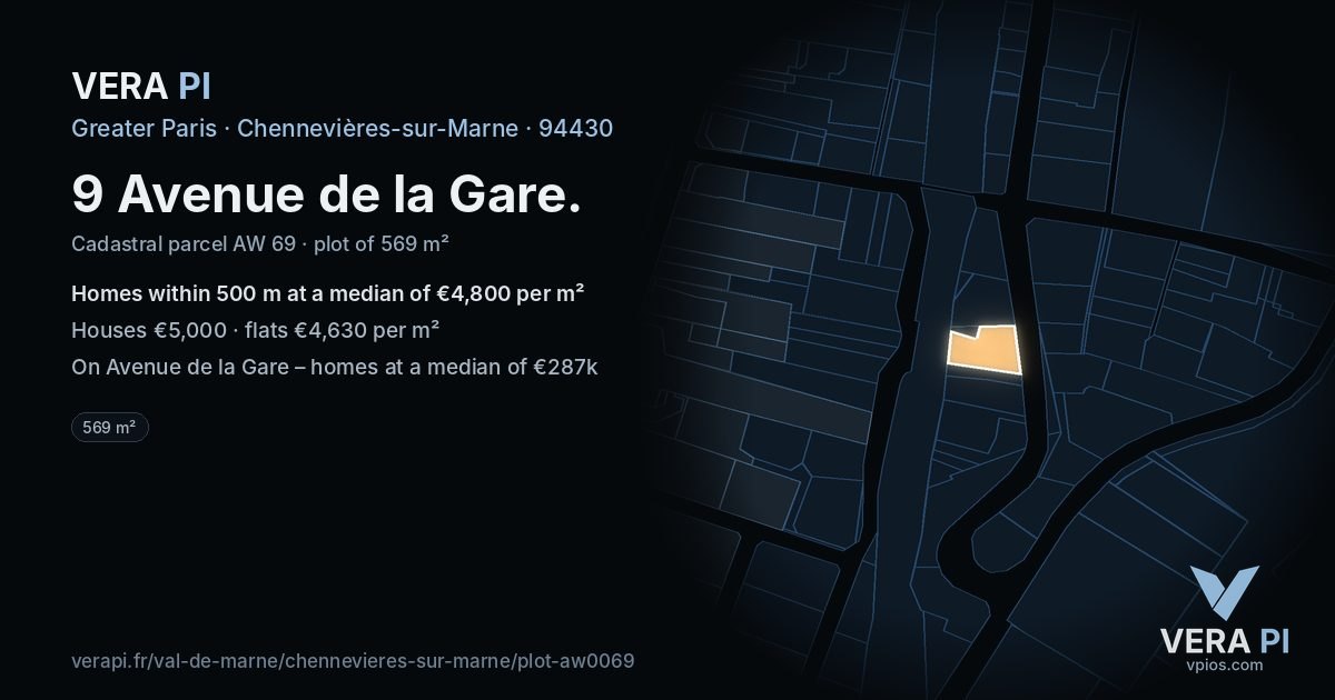 9 Avenue de la Gare, Chennevières-sur-Marne at night – the plot lit, the parcels around coloured by the prices near them