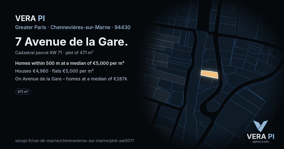 7 Avenue de la Gare, Chennevières-sur-Marne at night – the plot lit, the parcels around coloured by the prices near them