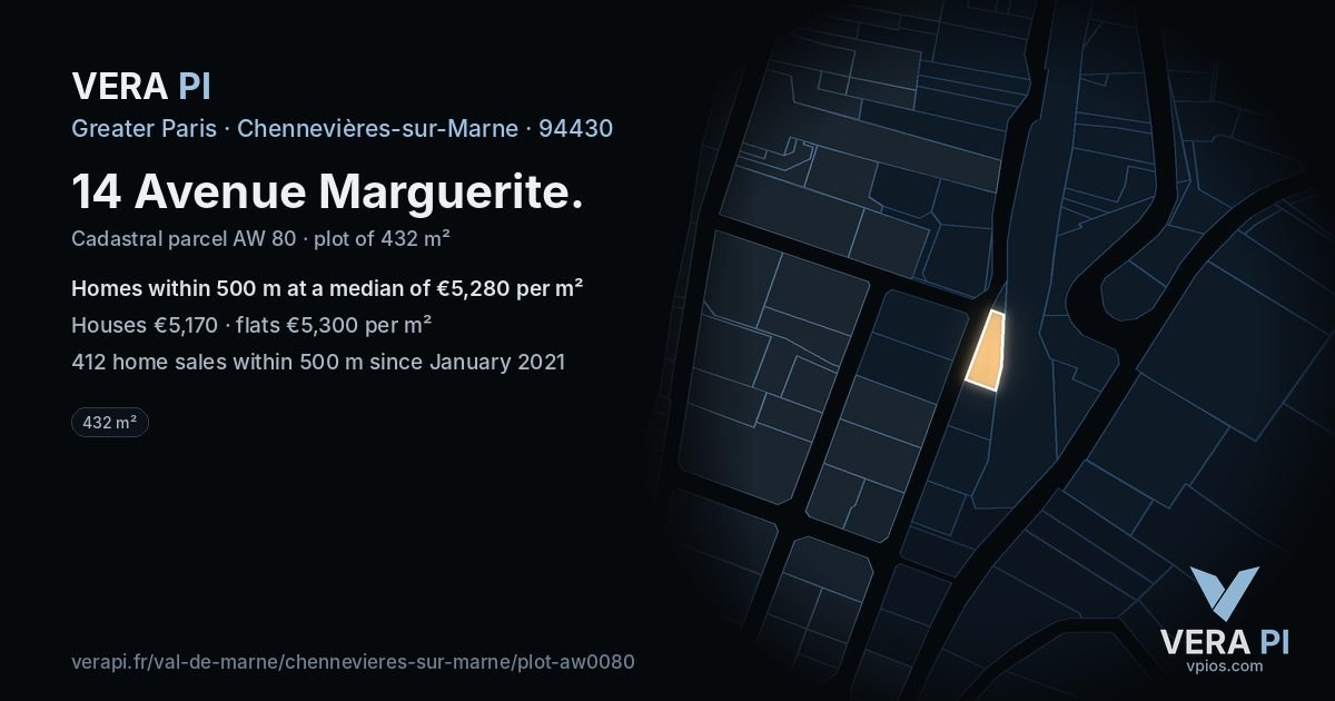 14 Avenue Marguerite, Chennevières-sur-Marne at night – the plot lit, the parcels around coloured by the prices near them