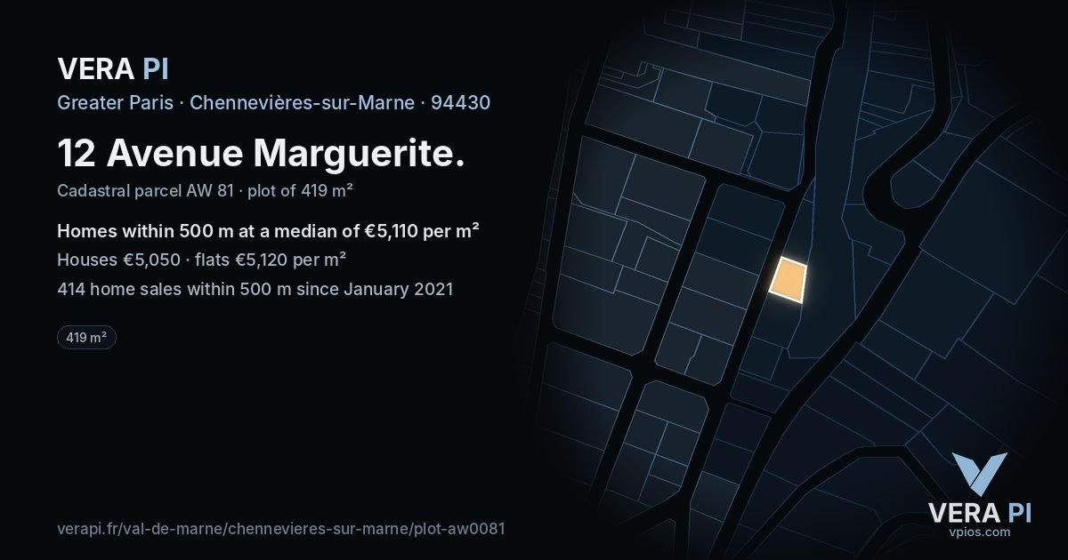 12 Avenue Marguerite, Chennevières-sur-Marne at night – the plot lit, the parcels around coloured by the prices near them