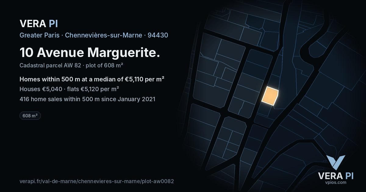 10 Avenue Marguerite, Chennevières-sur-Marne at night – the plot lit, the parcels around coloured by the prices near them