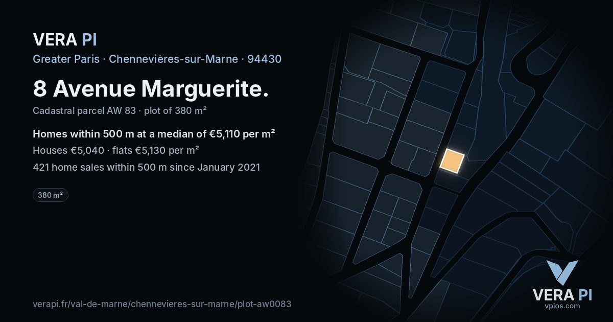8 Avenue Marguerite, Chennevières-sur-Marne at night – the plot lit, the parcels around coloured by the prices near them