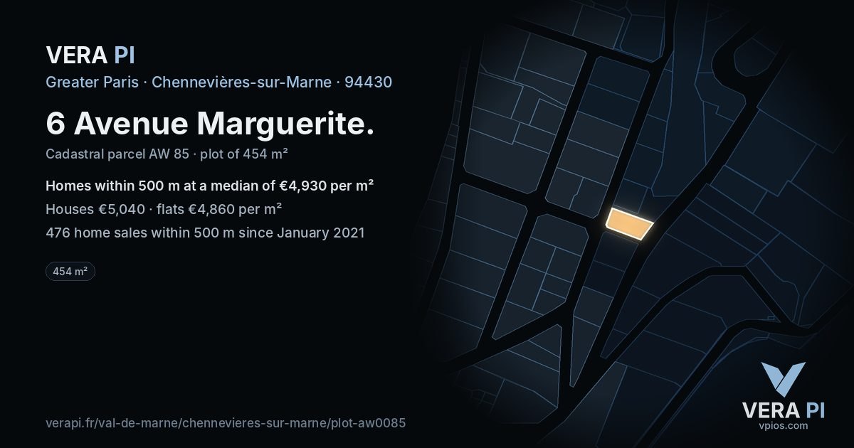 6 Avenue Marguerite, Chennevières-sur-Marne at night – the plot lit, the parcels around coloured by the prices near them