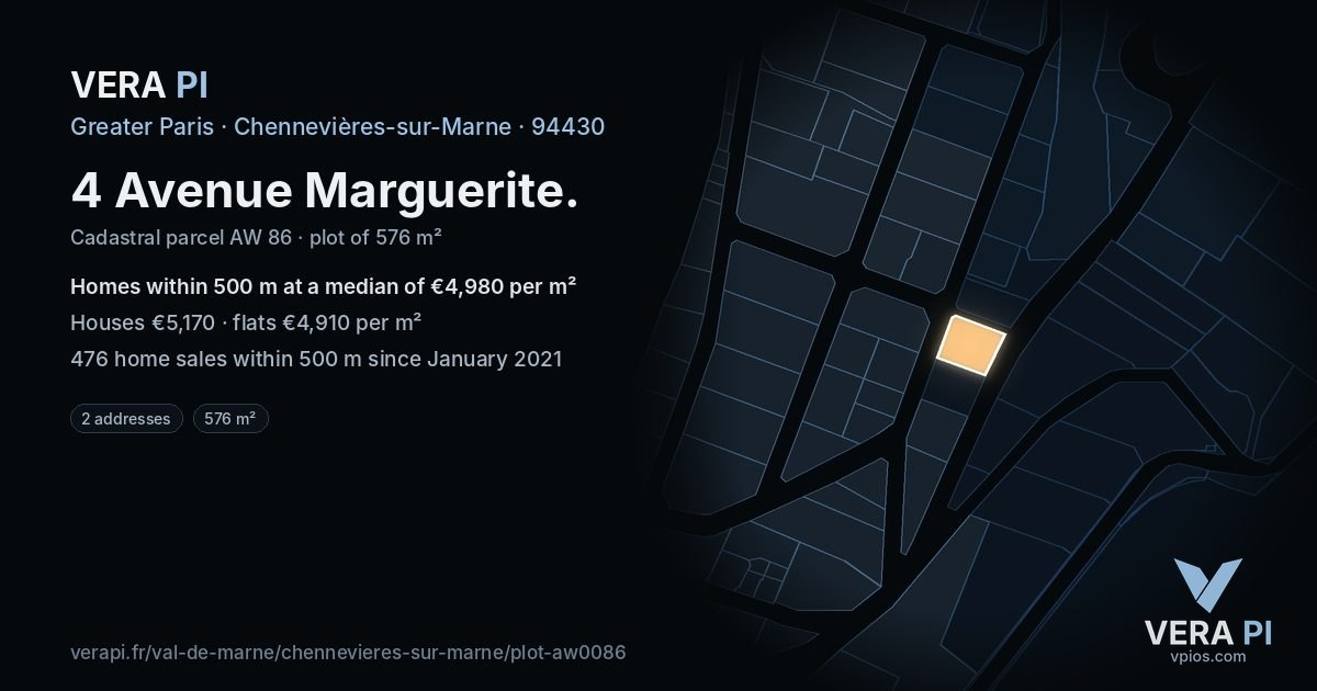 4 Avenue Marguerite, Chennevières-sur-Marne at night – the plot lit, the parcels around coloured by the prices near them