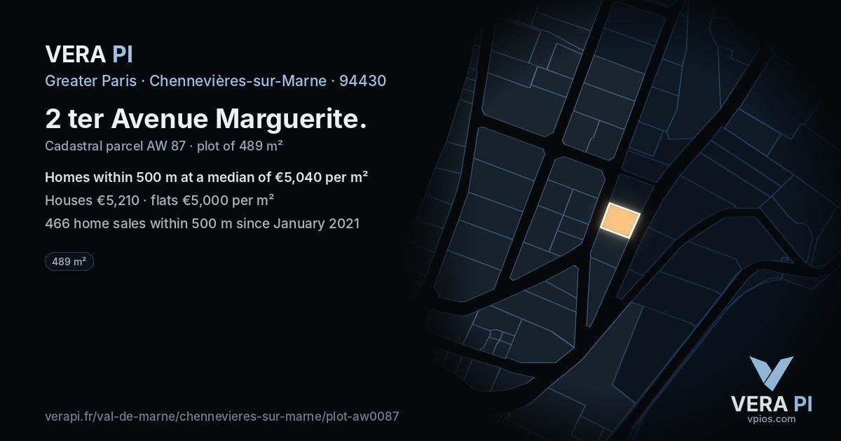 2 ter Avenue Marguerite, Chennevières-sur-Marne at night – the plot lit, the parcels around coloured by the prices near them