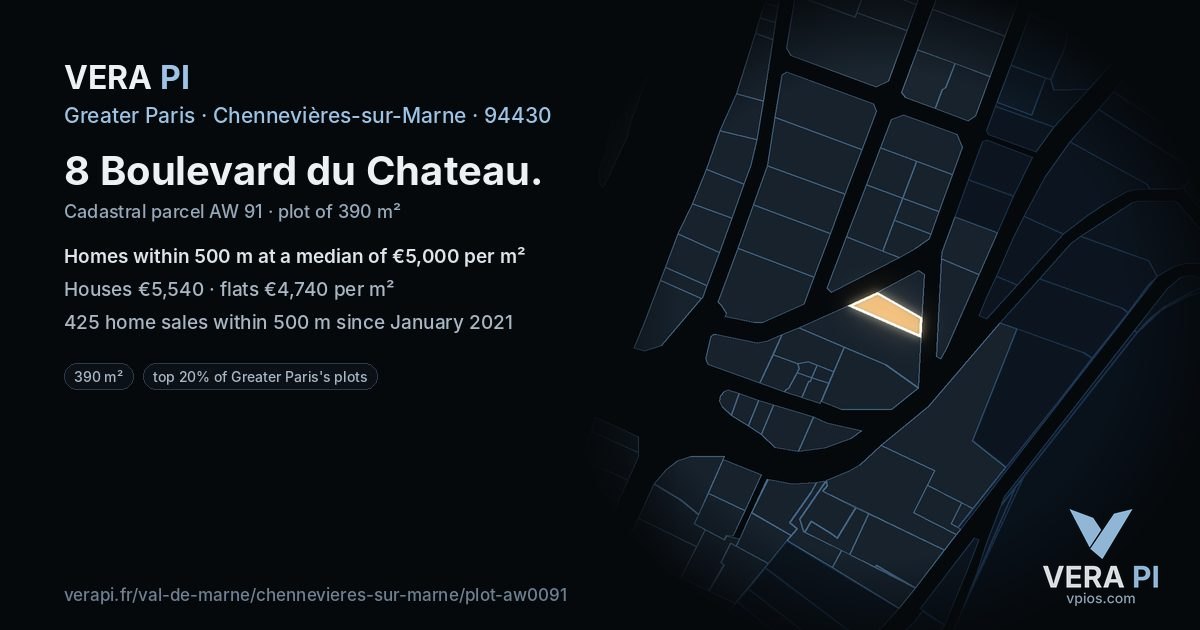 8 Boulevard du Chateau, Chennevières-sur-Marne at night – the plot lit, the parcels around coloured by the prices near them