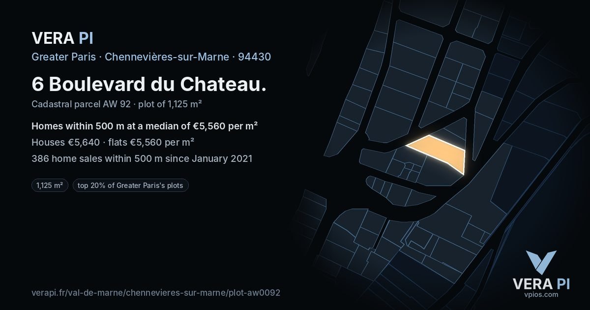 6 Boulevard du Chateau, Chennevières-sur-Marne at night – the plot lit, the parcels around coloured by the prices near them