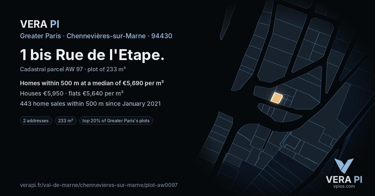 1 bis Rue de l'Etape, Chennevières-sur-Marne at night – the plot lit, the parcels around coloured by the prices near them