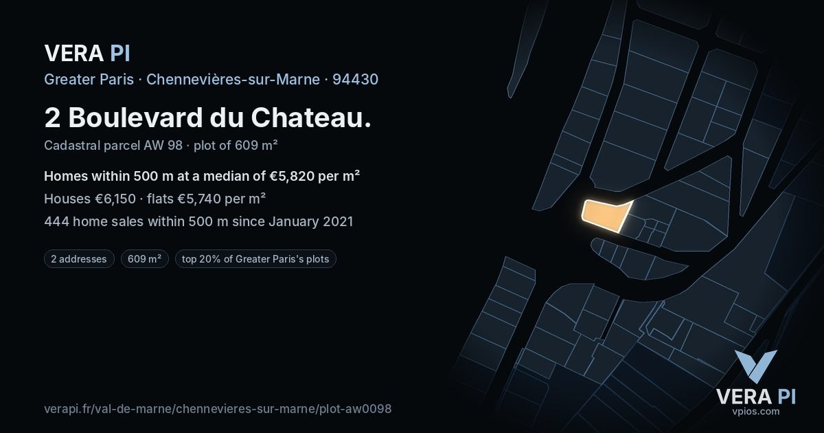 2 Boulevard du Chateau, Chennevières-sur-Marne at night – the plot lit, the parcels around coloured by the prices near them