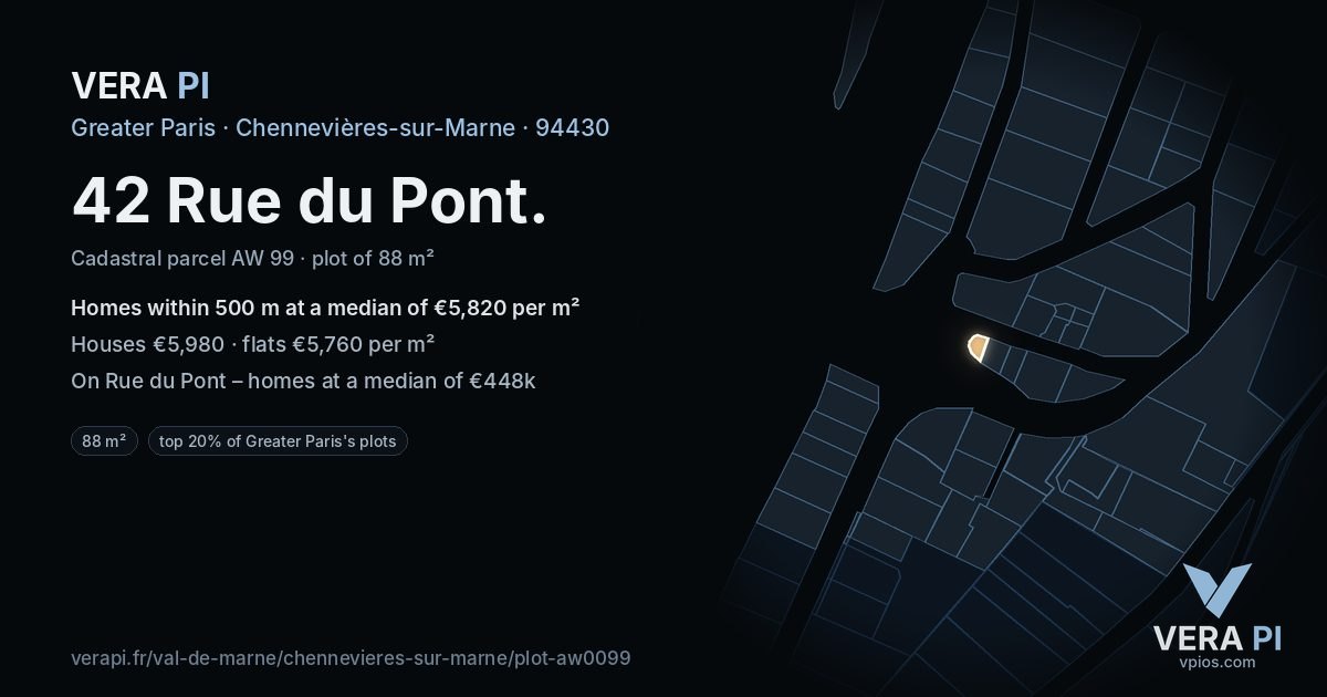 42 Rue du Pont, Chennevières-sur-Marne at night – the plot lit, the parcels around coloured by the prices near them