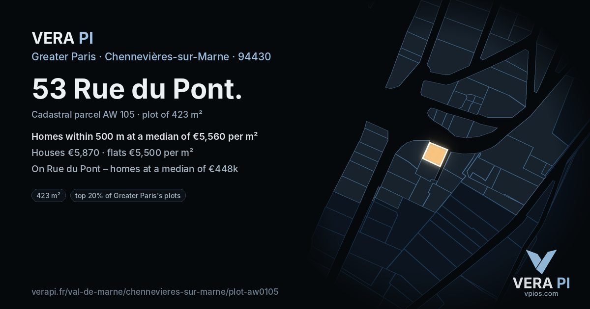 53 Rue du Pont, Chennevières-sur-Marne at night – the plot lit, the parcels around coloured by the prices near them