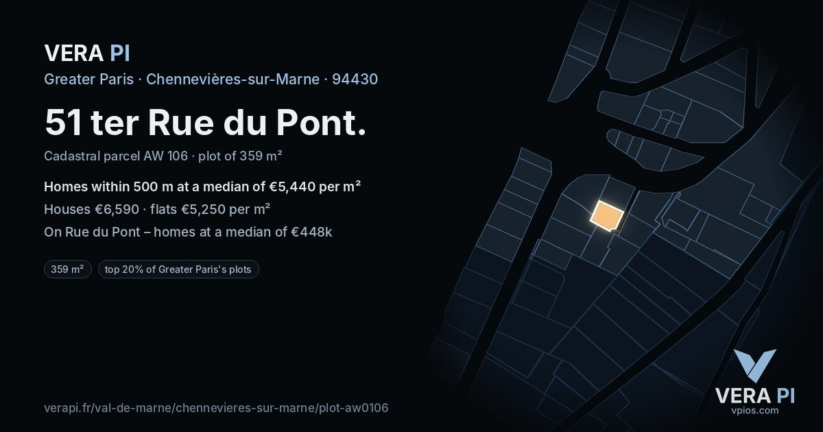 51 ter Rue du Pont, Chennevières-sur-Marne at night – the plot lit, the parcels around coloured by the prices near them